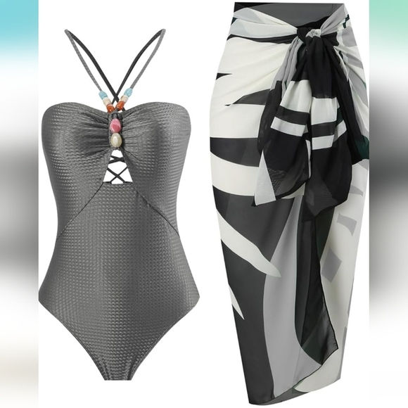 Other - Monokini Swimsuit with Cover Up Wrap Skirt Sarong, Large, NWOT